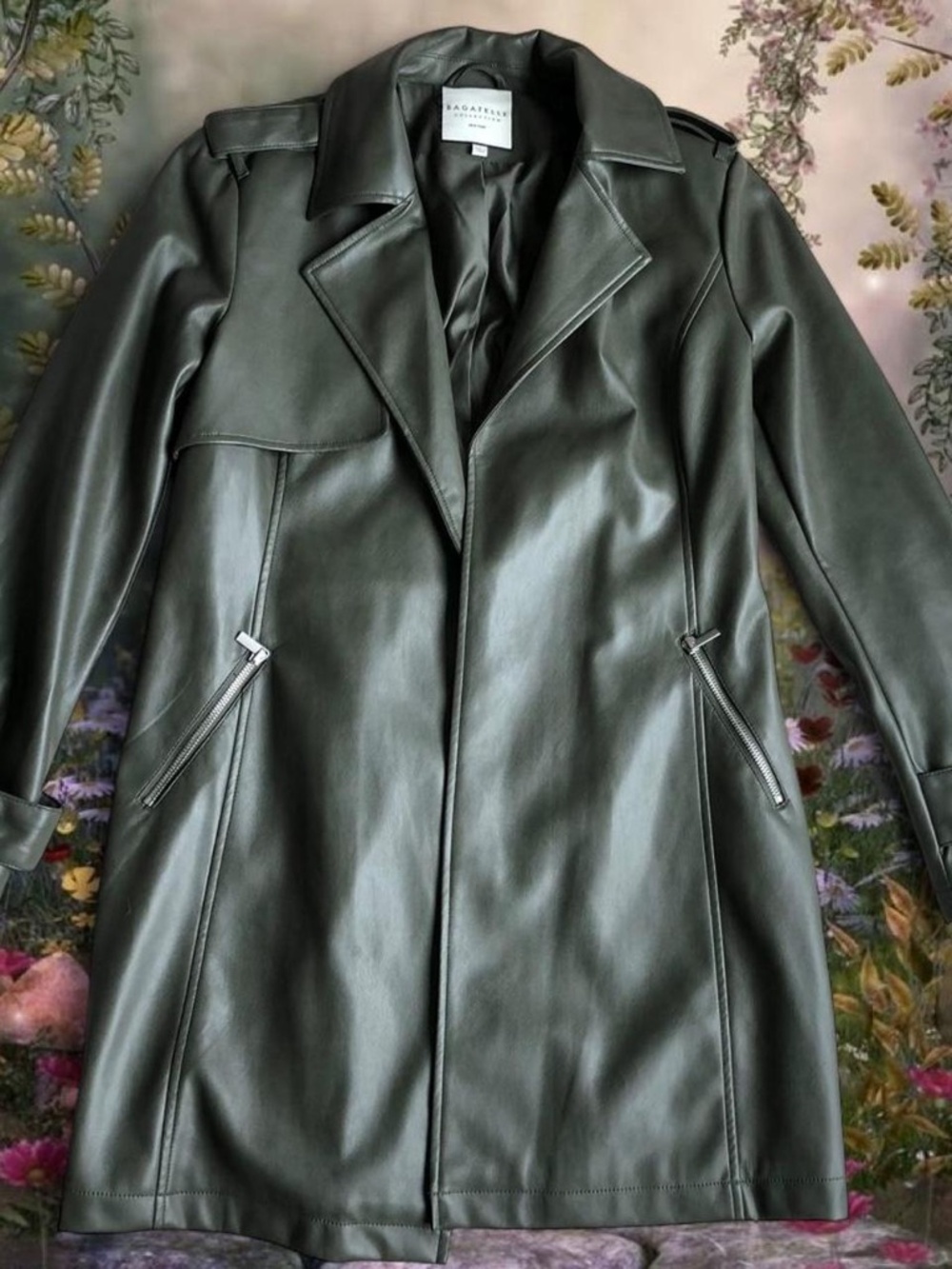 Bagatelle Olive Green Leather Trench Coat